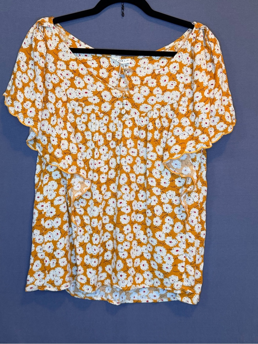 Kori Mustard Yellow Floral Flutter Sleeve Top- NWT